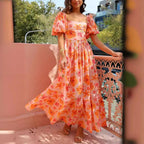 Women's Floral Square-Neck Puff-Sleeve A-Line Maxi Dress