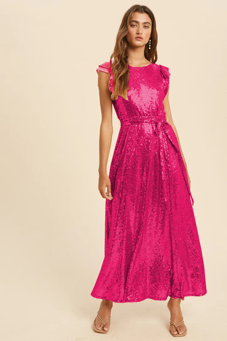 Women's Sequin Dress Sleeveless Belt Round Neck Midi Party Cocktail