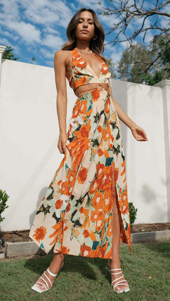 Women's Orange Halter Backless High-Slit Maxi Dress