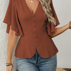 Women's Deep V Neck Solid Color Single Breasted Waist Short Sleeved