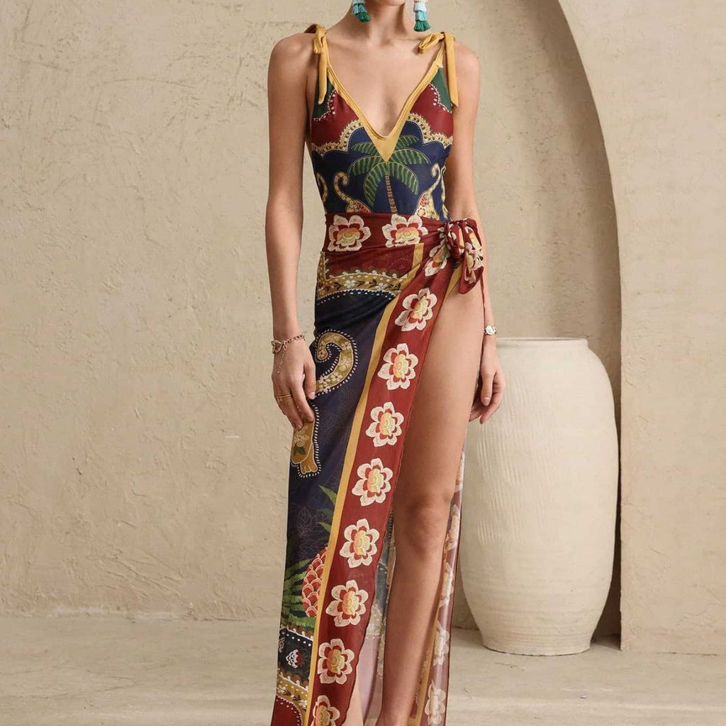 Women's Printed Slit Swimsuit Set