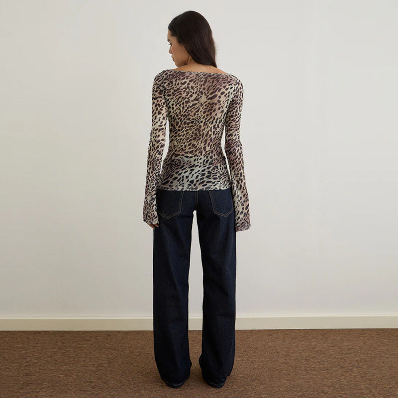 Women's Sexy Leopard Print Mesh T Shirt Autumn Slim Fit All Matching Long Sleeve Top