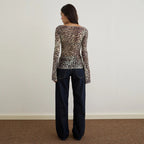 Women's Sexy Leopard Print Mesh T Shirt Autumn Slim Fit All Matching Long Sleeve Top