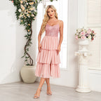 Women's Pink Chiffon Stitching Sequin Three Layer Pleated Midi Dress Thin