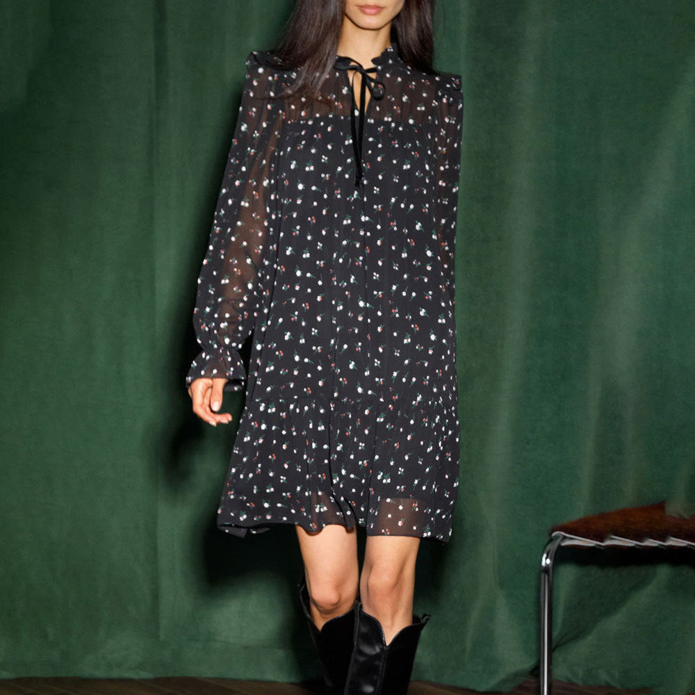 Floral Ruffled Puff-Sleeve Chiffon Dress