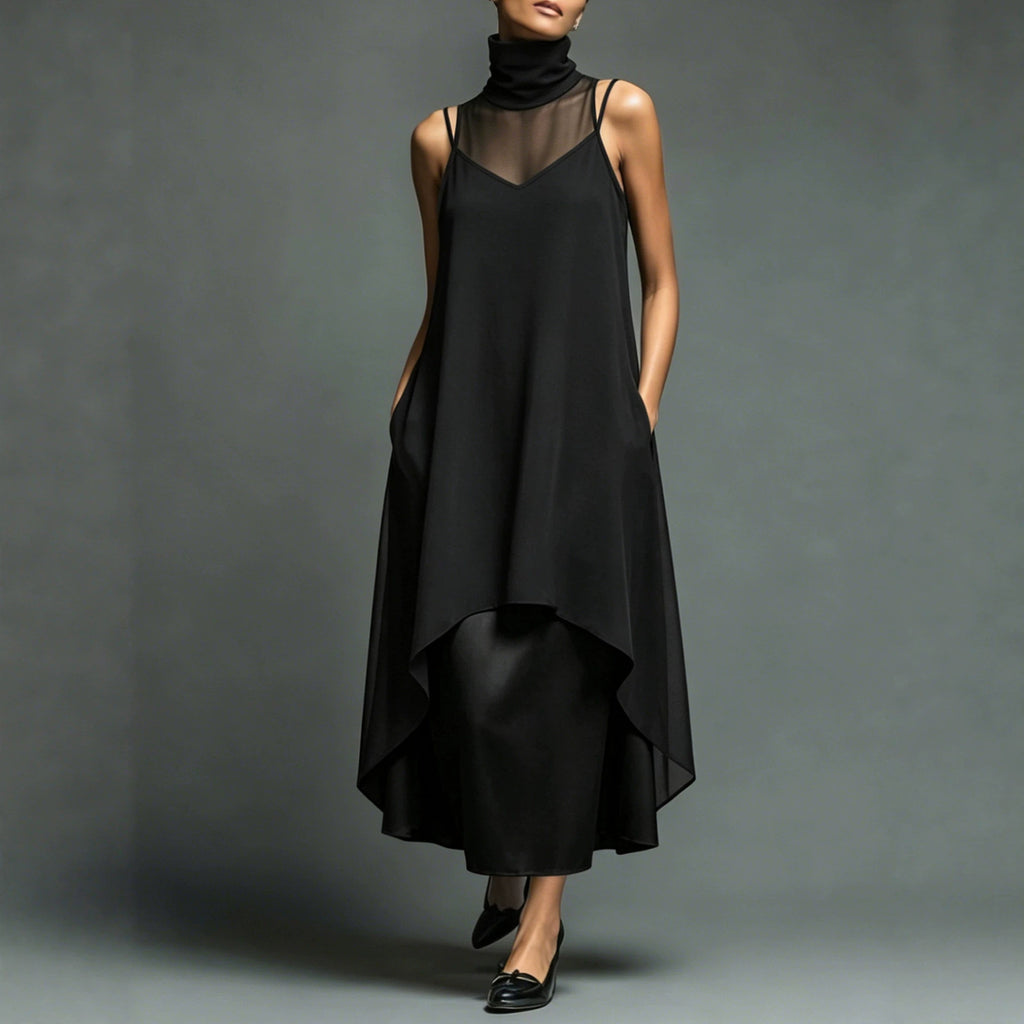 Black sleeveless dress with sheer front yoke and draped high-low hem