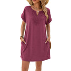 Burgundy women's lace short-sleeve dress with embroidered keyhole neckline and pockets