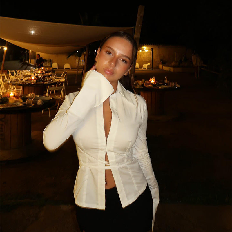 Women's Tie Detail Slim Fit Long Sleeve Shirt