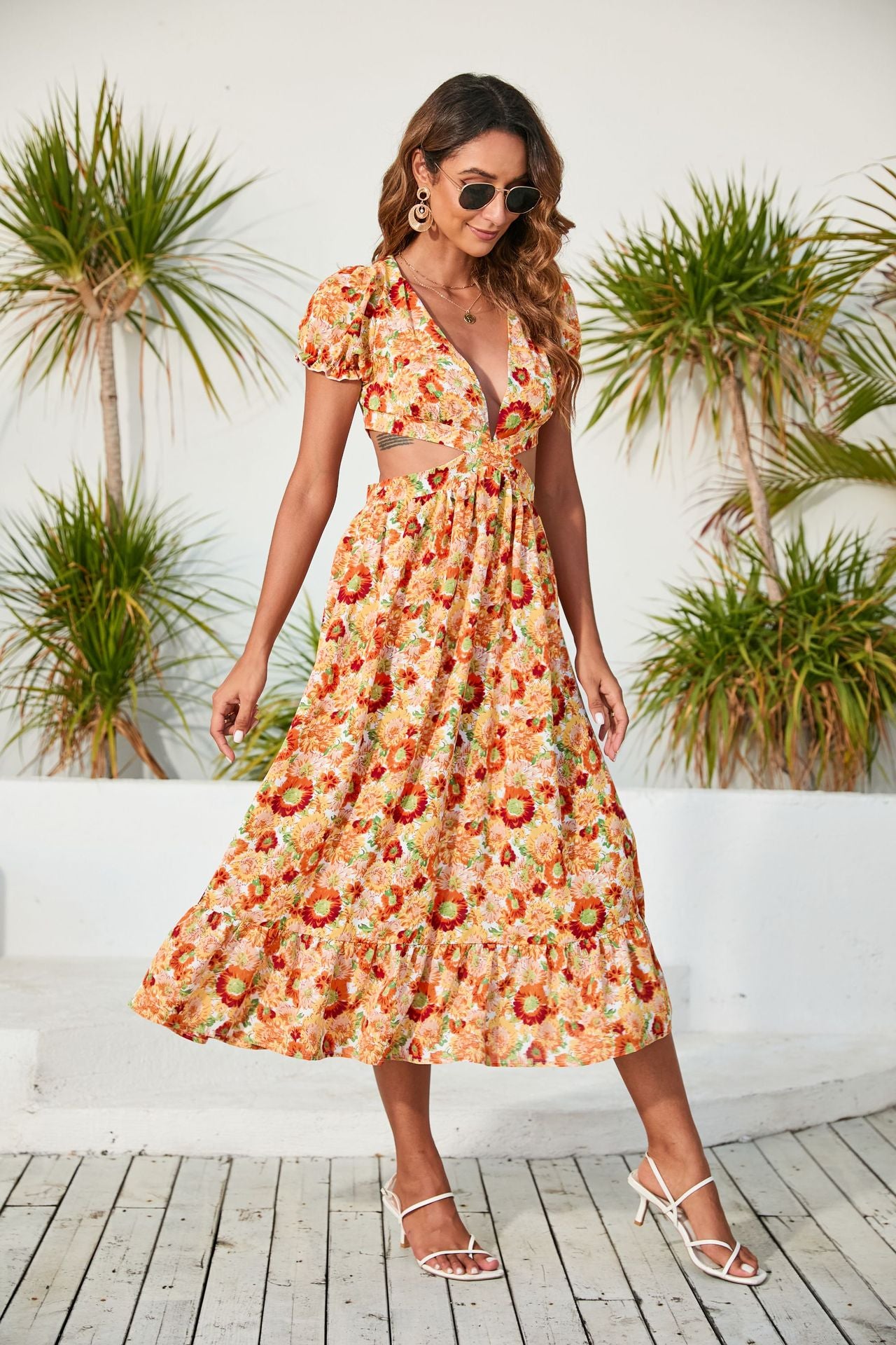 Women's Floral V-Neck Backless Ruffled Vacation Maxi Dress