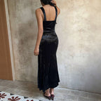 Women's French Romantic Velvet Lace V Neck Patchwork Sleeveless Dress Slim Fit Sheath Fishtail Dress Inner Wear