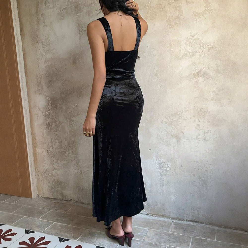 Women's French Romantic Velvet Lace V Neck Patchwork Sleeveless Dress Slim Fit Sheath Fishtail Dress Inner Wear