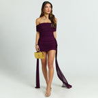 Off-Shoulder Pleated Mesh Dress