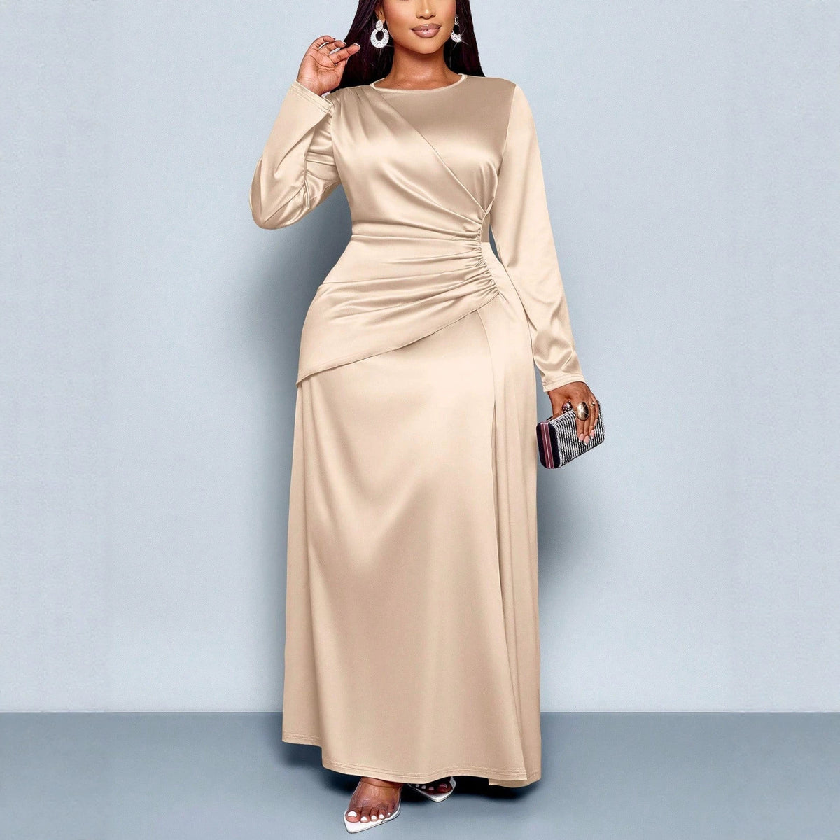 Women's Champagne Satin Pleated Maxi Dress