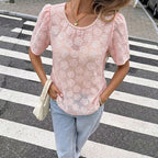Gentle French Beaded round Neck Puff Sleeve Jacquard Top