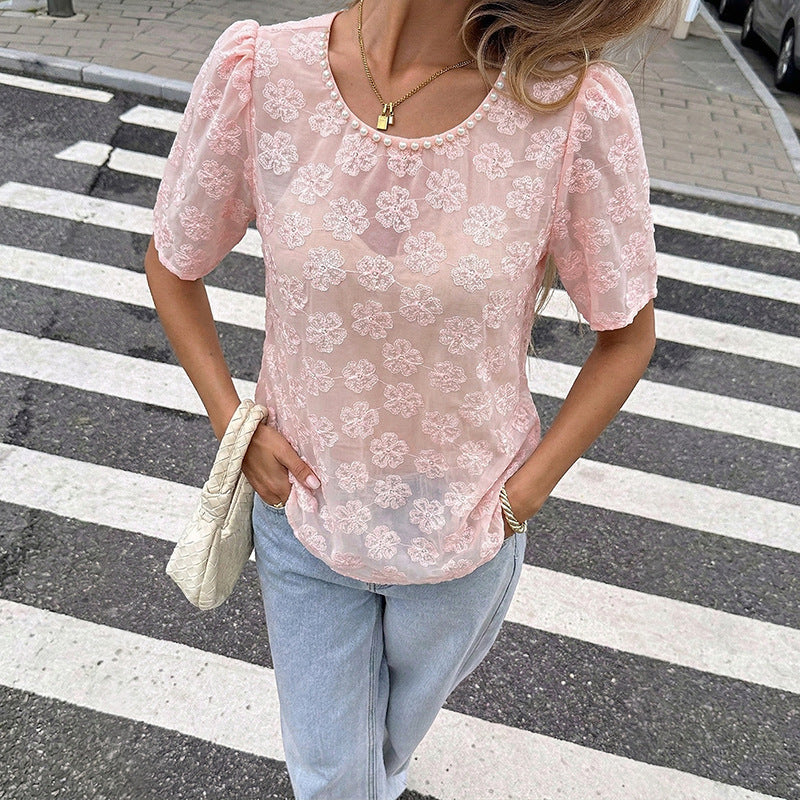 Gentle French Beaded round Neck Puff Sleeve Jacquard Top