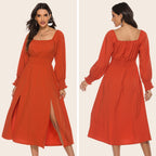 Women's Spring Autumn Square Collar Slimming Waist Women Dress Split Long-Sleeved Dress