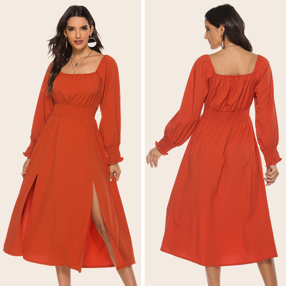 Women's Spring Autumn Square Collar Slimming Waist Women Dress Split Long-Sleeved Dress