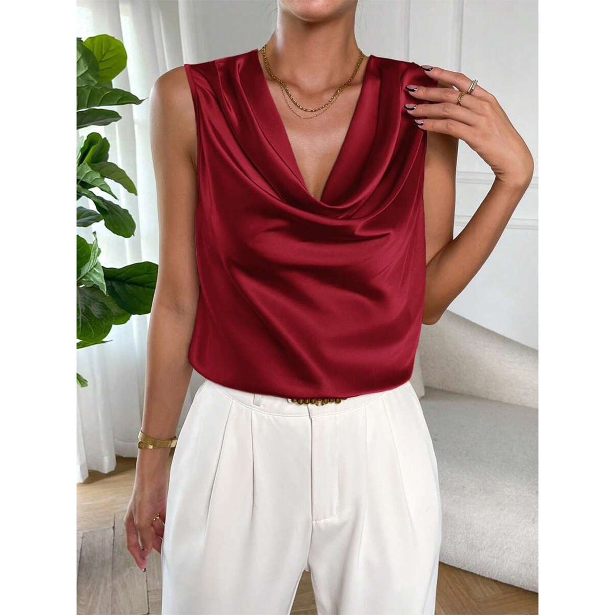 Women's Pleated Satin Sleeveless Top
