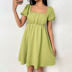 Women's Sexy Elegant Summer Square Collar Puff Sleeve Short Sleeve Waist Controlled Design Short Dress