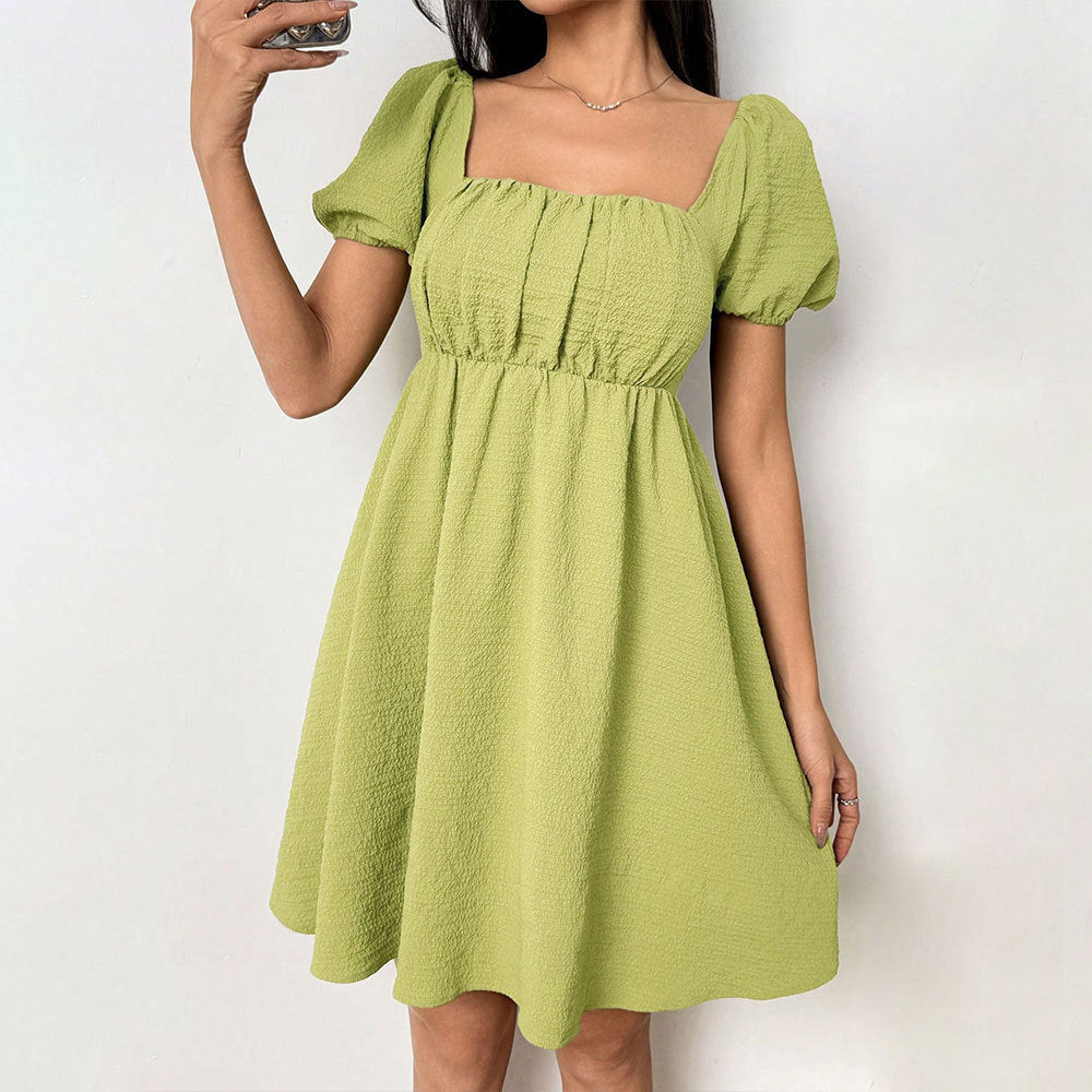 Women's Sexy Elegant Summer Square Collar Puff Sleeve Short Sleeve Waist Controlled Design Short Dress