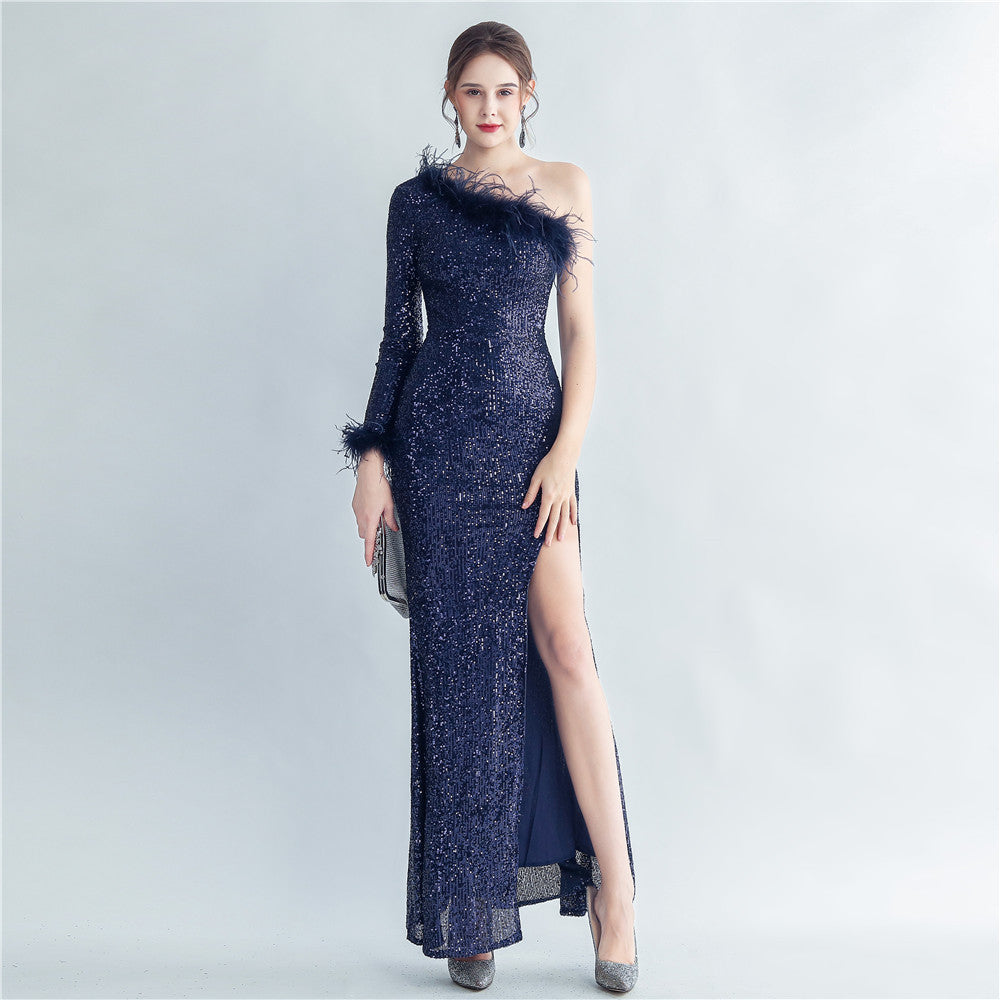 Women's Ostrich Feather Decorative Diagonal Shoulder Roman Collar Side Slit Dress