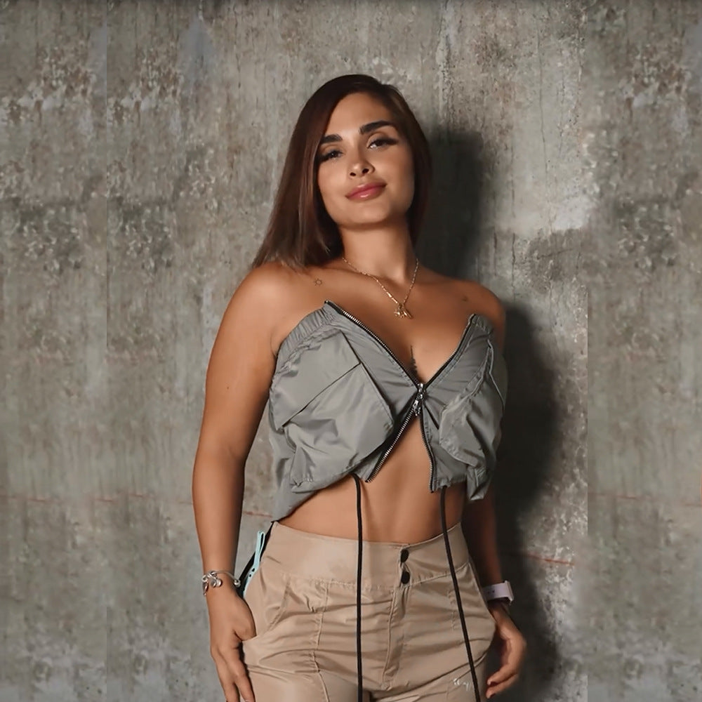 Wrapped Chest Zipper Cropped Strap Street Top