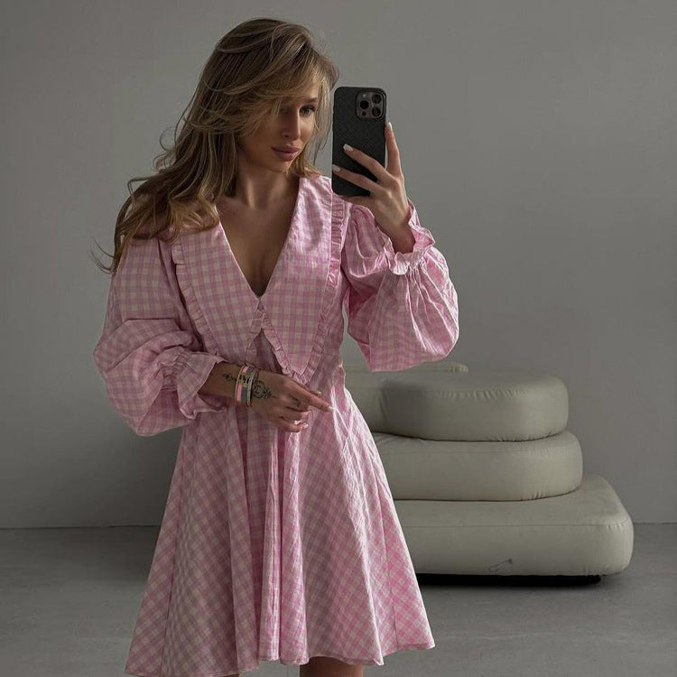 A line Dress Pink Plaid Butterfly Collar