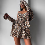 Fall Thin Type Leopard Print Home Wear Women Long Sleeve Spaghetti Strap Ruffle Shorts Three Piece Set Skin Friendly Breathable