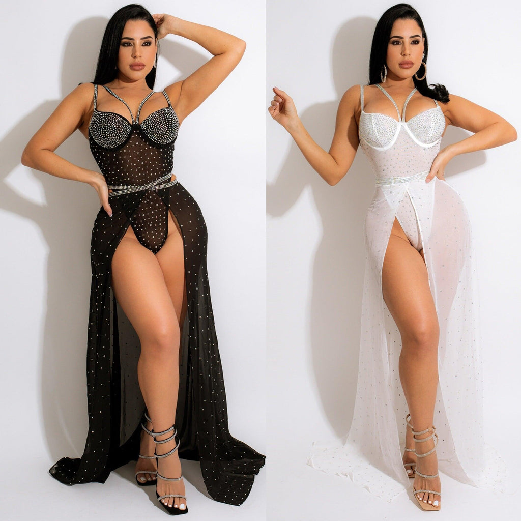 Women's Rhinestone Cutout Long-Sleeve Maxi Dress