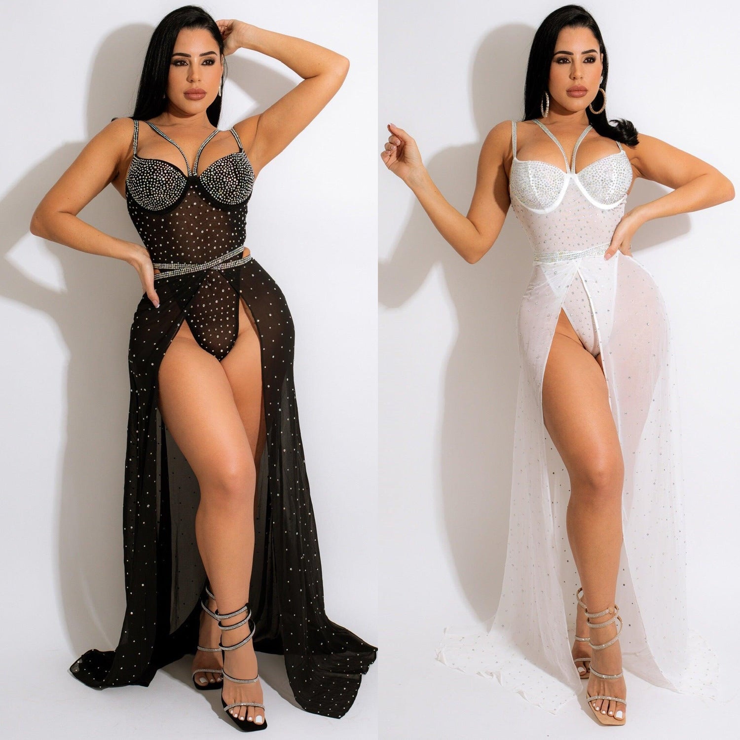 Women's Rhinestone Cutout Long-Sleeve Maxi Dress