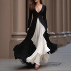 V-Neck Waist Black White Color Contrast Patchwork A-Line Dress