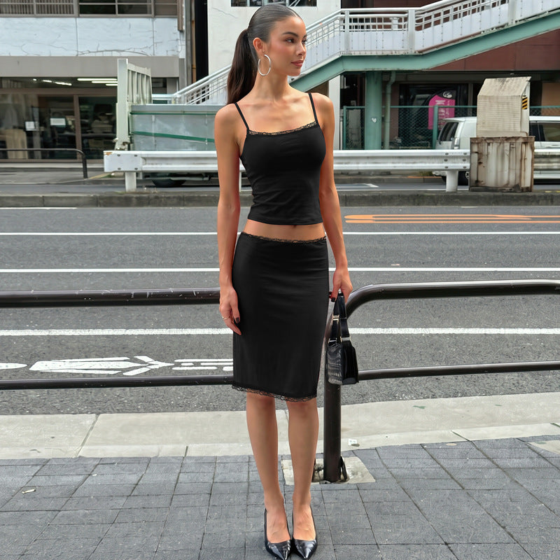 Autumn Cropped Camisole Slim Fit Hip Wrapped Short Skirt Set
