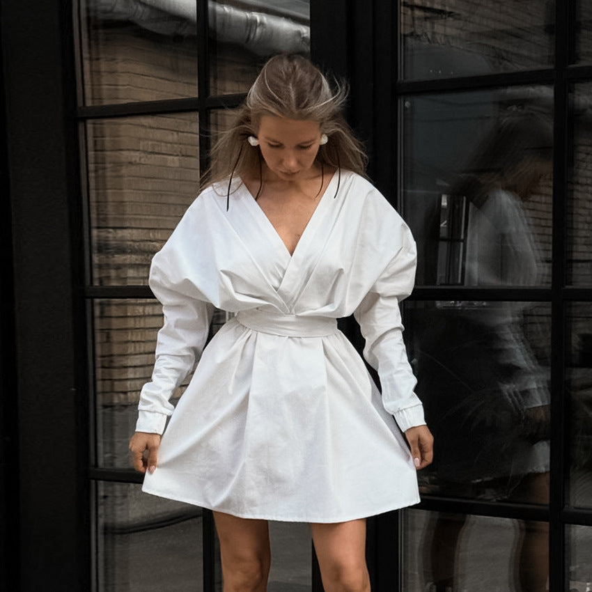 White V-Neck Puff-Sleeve Lace-Up Dress