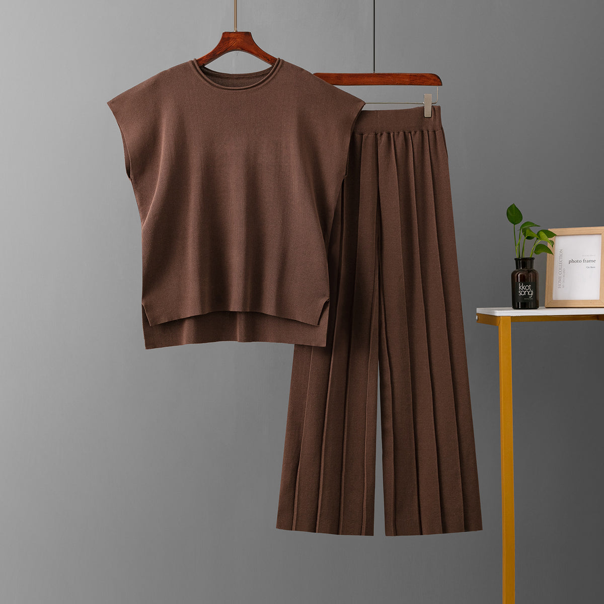 Casual Summer Solid Color Sleeveless Vest Sweater Wide Leg Pants Ice Silk Set