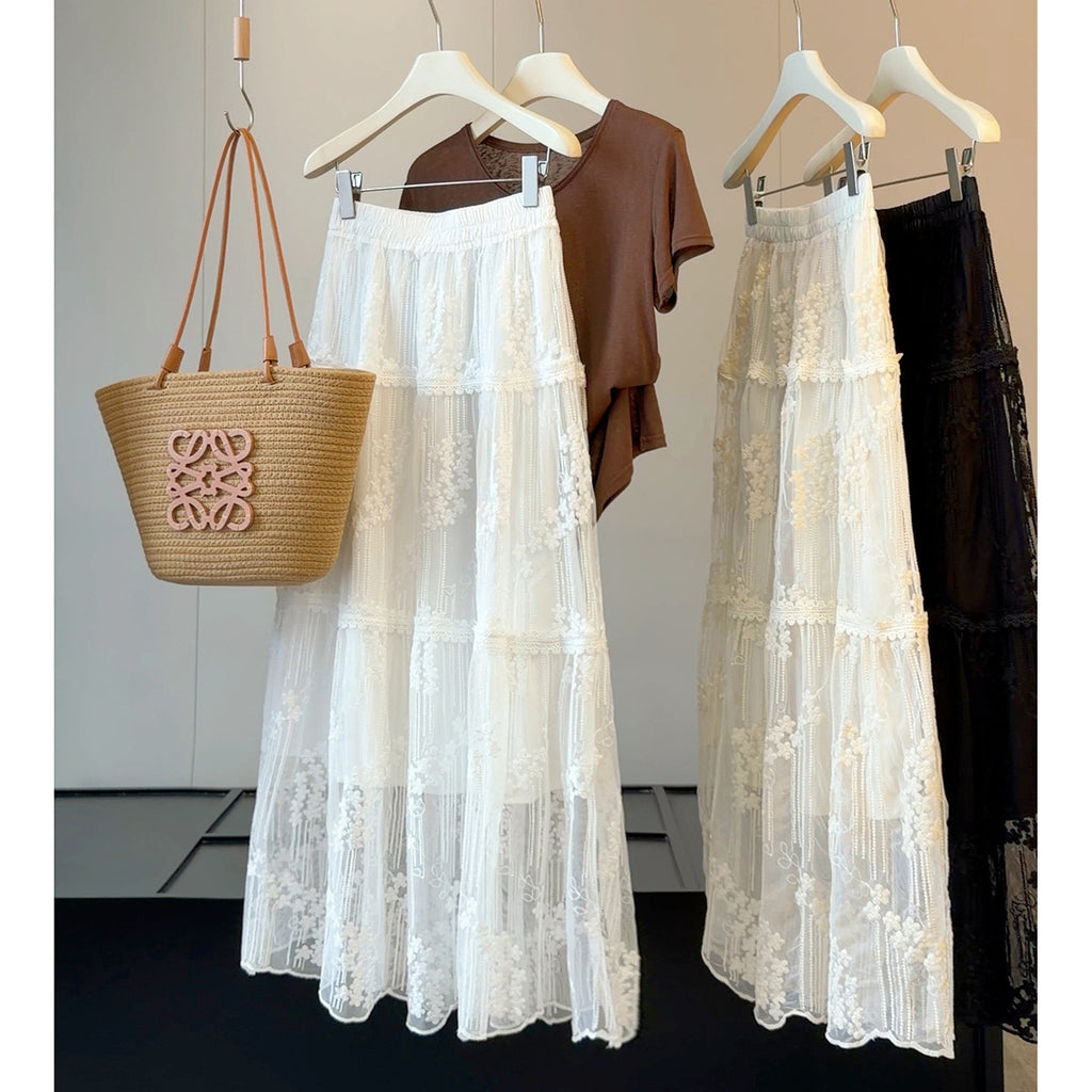 Gentle Three Dimensional Floral Lace Skirt Women Summer Elastic High Waist Hollow Out Cutout out Mesh Large Swing