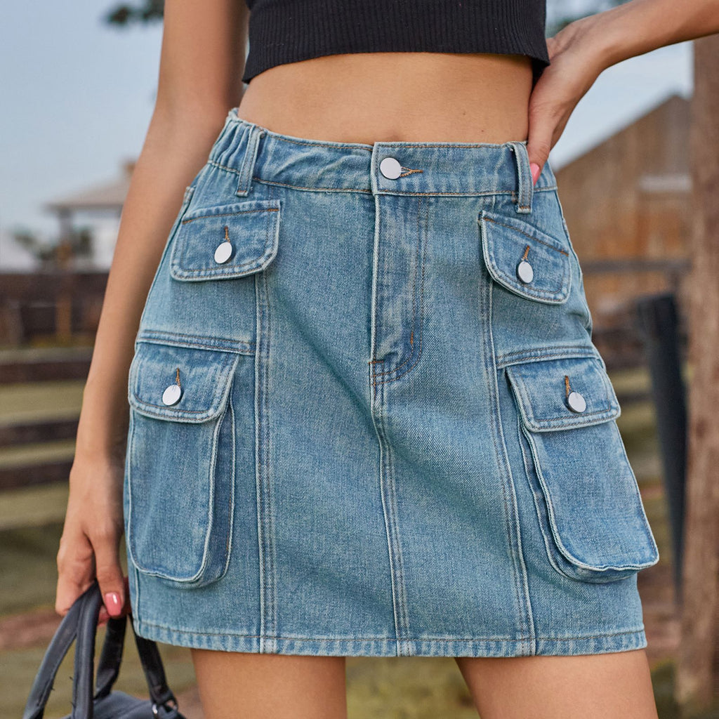 Women's Clothing Summer Washed Tooling Denim Skirt