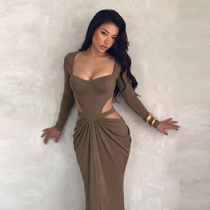 Waist Hollowed Evening Dress Slim Fit Slimming Long Sleeves Party Gathering Dress