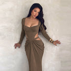 Waist Hollowed Evening Dress Slim Fit Slimming Long Sleeves Party Gathering Dress