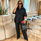 Solid Color Loose Lapels Shirt All Matching Straight Trousers Set