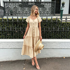 Women's Gentle V Neck Short Sleeve Tiered Dress Waist Vacation Dress