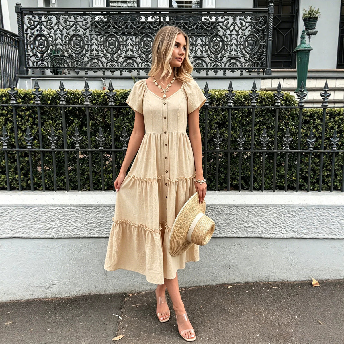 Women's Gentle V Neck Short Sleeve Tiered Dress Waist Vacation Dress