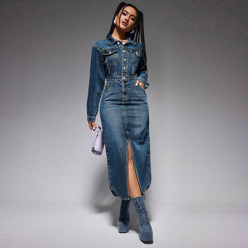 Collared Button Long Sleeve Split Denim Maxi Dress