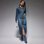 Collared Button Long Sleeve Split Denim Maxi Dress