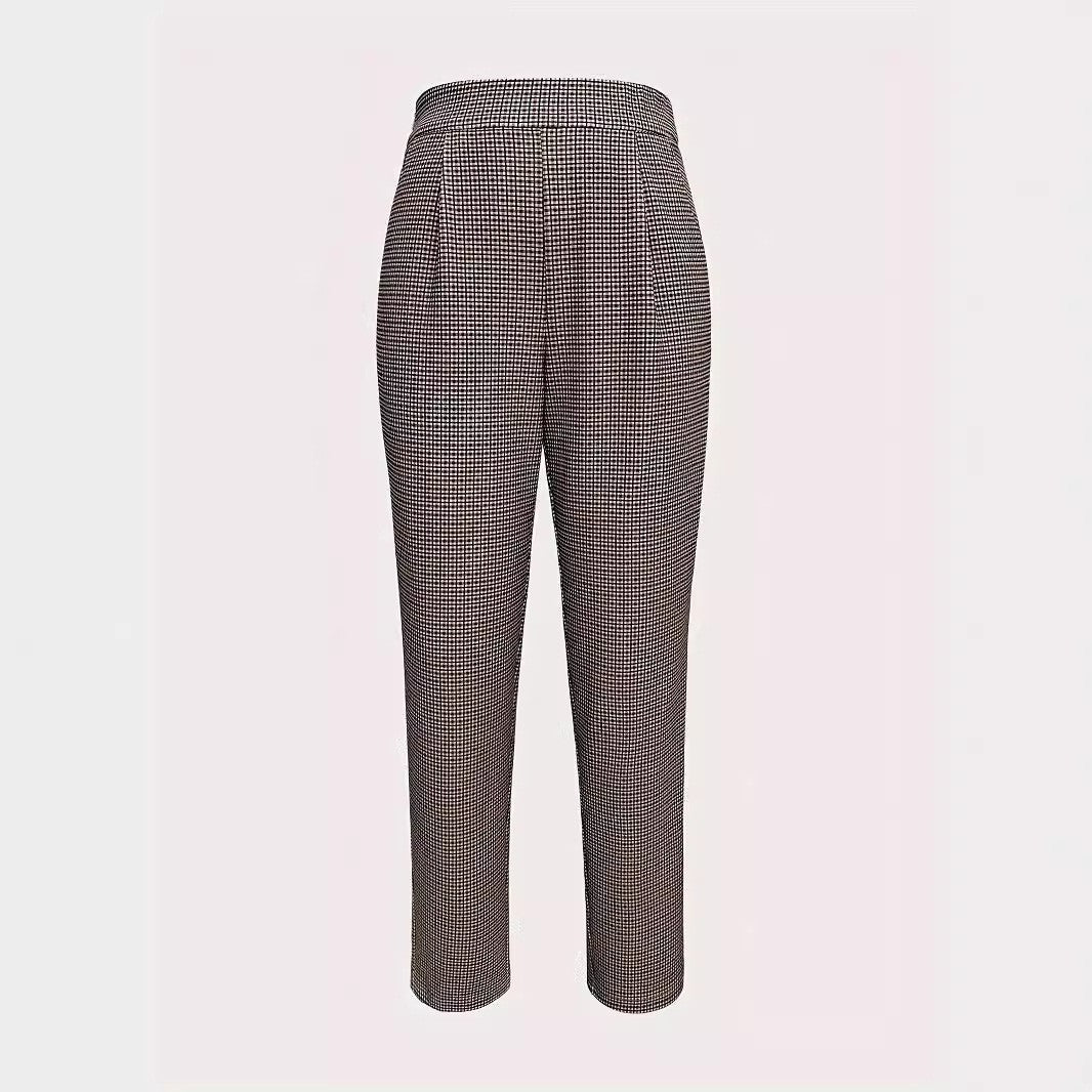 Brown textured check trousers with straight leg and ankle-length hem