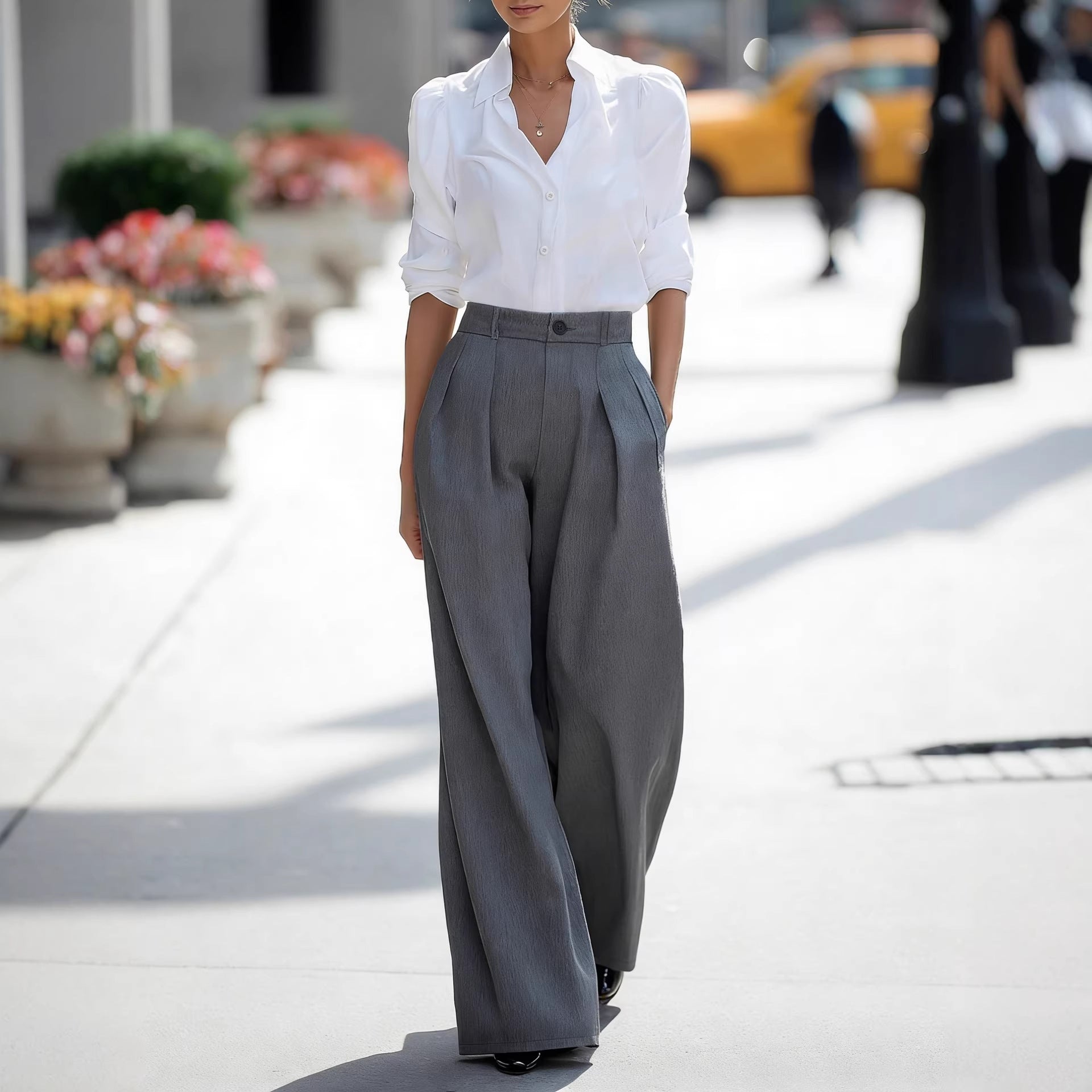 High Waist Wide Leg Pants Women Business Wear Vertical Smooth Texture Slimming Casual Work Pant