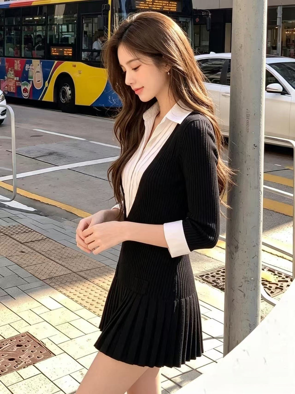 Women's Collared Pleated Two-Piece Dress Set