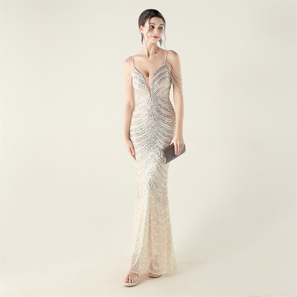 Women's Deep V Plunge Neck Wave Gradient Sequin Evening Dress