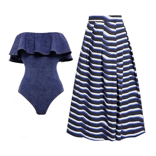 Beach cover-up set: denim-blue ruffle one-piece and navy/white striped skirt