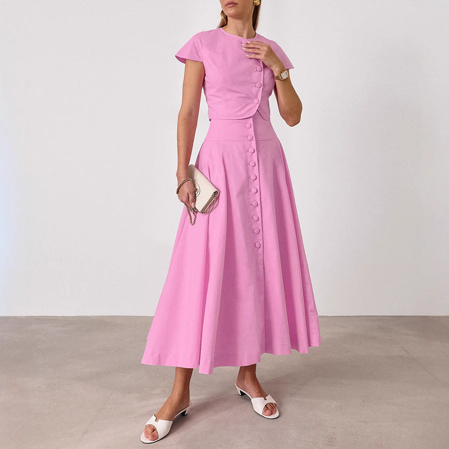 Women's Pink Cotton V-Neck Two-Piece Skirt Set
