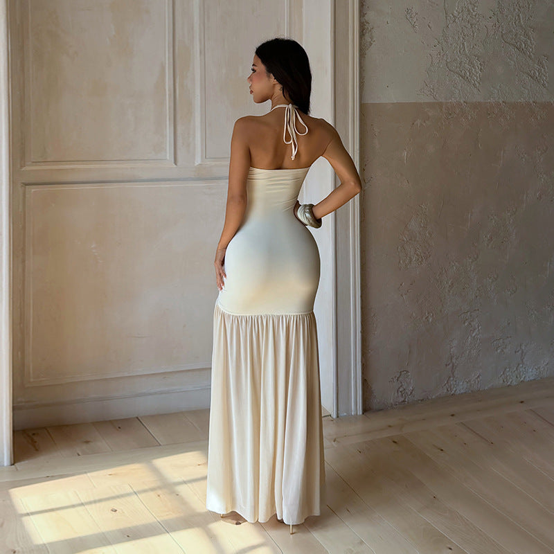 Women's cream sling spring dress, open back with tie straps and flowing maxi skirt